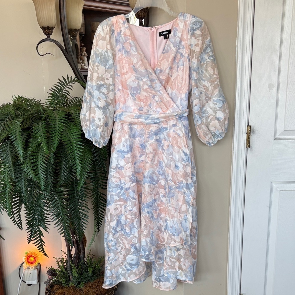 DKNY Floral Pastel Balloon Sleeve Faux Wrap Midi Dress V-Neck Spring Easter